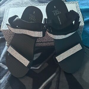 Time and Tru Black Sandals with White Straps